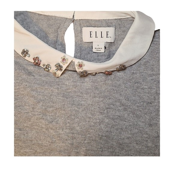 Elle Womens Gray Sweater White Decorative Collar Shirt Long Sleeve Top Size L - Picture 4 of 10